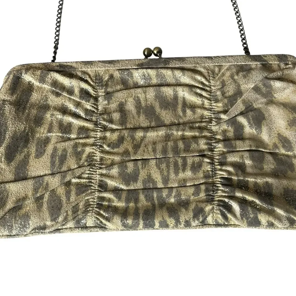 Hobo International Vtg. Frame Bag Clutch Chain Kiss Lock Leopard Print Tan Gold
